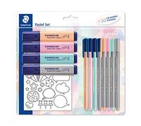 STAEDTLER 61 SBK1 PA - Juego Pastel para escribir, pintar y resaltar con rotuladores fineliner, rotuladores punta de fibra y marcadores fluorescentes + 50 notas para colorear
