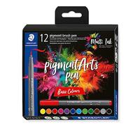 STAEDTLER Brush Pen Pigment Arts, colores básicos, Premium Dibujo, Punta de pincel para ancho de línea variable,impermeable,12 rotuladores en colores básicos surtidos en estuche de cartón, 371 C12-1