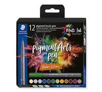 STAEDTLER Brush Pen Pigment Arts, colores naturales, punta de pincel para ancho de línea variable, resistente al agua, 12 rotuladores en colores naturales surtidos en estuche de cartón, 371 C12-3