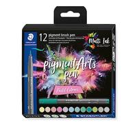 STAEDTLER Brush Pen Pigment Arts, colores pastel, Premium Dibujo, Punta de pincel para ancho de línea variable, impermeable, 12 rotuladores en colores pastel surtidos en estuche de cartón, 371 C12-2