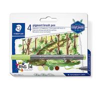 STAEDTLER Brush Pen Pigment Arts, colores surtidos, tinta pigmentada premium, punta de pincel para ancho de línea variable, resistente al agua, 4 rotuladores en blister de cartón, 371 BK4-3