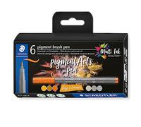 STAEDTLER Brush Pen Pigment Arts, "Greys & Caramels", Premium Dibujo, Punta de pincel para ancho de línea variable, impermeable, 6 rotuladores en colores surtidos en estuche de cartón, 371 C6-4