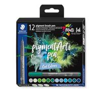Staedtler Brush pen pigment Arts, tinta de dibujo premium, punta de pincel para ancho de línea variable, impermeable, secado rápido, 12 rotuladores en colores surtidos en estuche de cartón, 371 C12-6