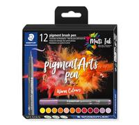 Staedtler Brush pen pigment Arts, tinta de dibujo premium, punta de pincel para ancho de línea variable, impermeable, secado rápido, 12 rotuladores en colores surtidos en estuche de cartón, 371 C12-5
