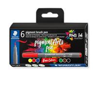 STAEDTLER Brush pen pigment Arts, tinta de dibujo premium, punta de pincel para un ancho de línea variable, resistente al agua, secado rápido, 6 pinceles en colores surtidos en estuche de cartón, 371