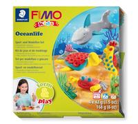 STAEDTLER FIMO kids 8034 Oceanlife Set - 4 bloques de 42 g cada uno | Se endurece al horno, incluye barra de modelado, base de juego y pegatinas - para niños - N.º de art. 8034 14 LY