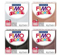 STAEDTLER FIMO kids modelling clay, 4 bloques de 42 g cada uno en amarillo-marrón, marrón, gris claro y negro, arcilla endurecible al horno para que los niños modelen figuras y joyas