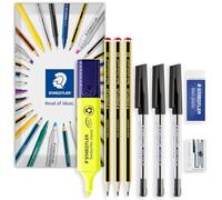 STAEDTLER Juego de papelería en sobre, 121 lápices de grafito HB, bolígrafos de tinta negra de 430 m, borrador de Marte 526, sacapuntas de un solo agujero 510 + resaltador clásico Textsurfer (amarillo