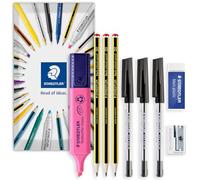 STAEDTLER Juego de papelería en sobre, 121 lápices de grafito HB, bolígrafos de tinta negra de 430 m, borrador de Marte 526, sacapuntas de un solo agujero 510 + resaltador clásico Textsurfer (rosa)