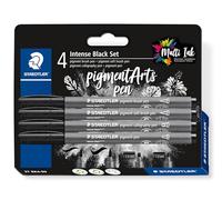 Staedtler Juego de pinceles de pigmento negro intenso, diferentes pinceles, pincel suave, caligrafía y puntas de revestimiento, color negro intenso, resistente al agua, 4 plumas en blíster, 37 BK4-99