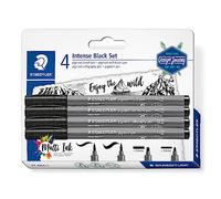STAEDTLER Juego de pinceles de pigmento negro intenso, diferentes pinceles, pincel suave, caligrafía y puntas de revestimiento, color negro intenso, resistente al agua, 4 plumas en blíster, 37 BK4-1