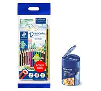 STAEDTLER Lápices de colores Noris Colour 12 unidades, superficie suave antideslizante, alta resistencia a la rotura, paquete extra con goma de borrar, lápiz y punta doble