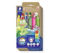 STAEDTLER Lápices de colores Noris junior 140 3 en 1 - set de 6 unidades | Lápices de colores, de cera y acuarela, mina gruesa, con sacapuntas - Para niños - N.º de art. 140 C6P1