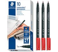 Staedtler Lumocolor 318-9 - Rotulador permanente con punta F (0,6 mm aprox., calidad, resistente a las manchas, secado en segundos, 10 unidades), color negro + 3 unidades rojas