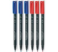 Staedtler Lumocolor 318 - Rotulador permanente, resistente al agua, resistente a las manchas, secado en segundos, punta F, ancho de línea de aprox. 0,6 mm, alta calidad (3 rojos y 3 azules)
