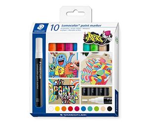 STAEDTLER Lumocolor 349 pennarelli acrilici set da 10 punta tonda 2,4 mm | Punta arrotondata, a tenuta permanente su carta, vetro, metallo e legno - a base d’acqua - Codice articolo 349 C10