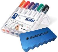 Staedtler Lumocolor 351, Dry Erase Whiteboard Markers, Xylene and Toluene Free and Virtually Odorless, 2 mm Bullet Tip, Easel Case with 6 Colours, 351 WP6 (Borrador + 6 Marcadores)