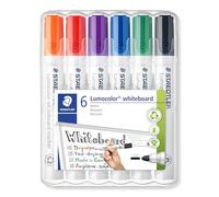 STAEDTLER Lumocolor 351 Rotuladores pizarra blanca - 6 colores, 2,0 mm | Tinta borrable de secado rápido, punta redonda - se borra sin residuos, tecnología DRY SAFE - Art.-Nr. 351 WP6