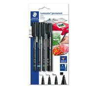 Staedtler Lumocolor 60 BK-6 - Juego de rotuladores permanentes (punta biselada, resistente al agua en casi todas las superficies, 4 rotuladores permanentes en blíster de ancho de línea, S y M, punta