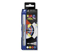 Staedtler Lumocolor 344 C4 - Rotulador de tiza (opaco, borrado en húmedo, punta redonda, ancho de línea de aprox. 2,4 mm, alto brillo, 4 rotuladores de tiza en colores surtidos)