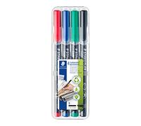 Staedtler Lumocolor Permanent 314 WP4 - Rotulador permanente punta biselada (B) de 1,0-2,5 mm aprox. Estuche Transparente exclusivo STAEDTLER box con 4 rotuladores en colores negro, azul, rojo y verde