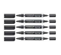 Staedtler Lumocolor Permanent Duo Permanent Marker, Rotulador con Punta Fina y Mediana, Resistente A Las Manchas y Al Agua, de Secado Rápido, Recargable, de Larga Duración, 5 Rotuladores Negros