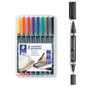 STAEDTLER Lumocolor rotulador permanente universal con 8 colores y rotulador Lumocolor de dos puntas, resistente a las manchas y al agua, se seca en segundos, recargable