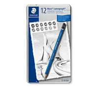 STAEDTLER Mars Lumograph 100 G12 S, Pack de 12 Lápices de Dibujo de Distinta Dureza, Color Negro/ Azul