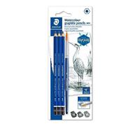 STAEDTLER Mars Lumograph 100A-SBK4. Pack de 3 lápices de dibujo acuarelables de dureza 4B, 6B y 8B, y un pincel #8