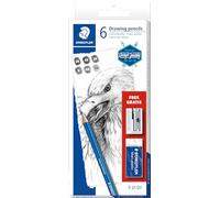 STAEDTLER Mars Lumograph 61 100 C6 - Estuche con 6 Lápices de grafito Mars Lumograph (graduaciones 6B, 4B, 2B, HB, 2H) + GRATIS 1 Afilalápices metálico 510 10 y 1 Goma de borrar Mars Plastic 526 50, Azul