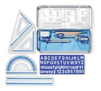 Staedtler MATH SET 557 10, estuche con complementos para matemáticas. Incluye regla de 15 cm, transportador de 180 °, cuadrados de 45 ° y 60 °, sacapuntas, borrador, lápiz, brújula, divisores y guía de letras. Estuche metálico. 557 10