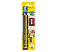 STAEDTLER Noris 120 Set escolar - 3 HB, goma & sacapuntas | Lápices HB listos para el colegio con goma & sacapuntas - madera upcycled PEFC - Art.-Nr. 120 SBK3P1