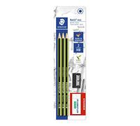 STAEDTLER Noris eco, lápices alta resistencia a la rotura, superficie blanda antideslizante, material Wopex, dureza HB, blíster con 3 lápices + 1 goma borrar gratis + 1 afilalápices