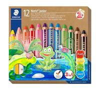 STAEDTLER Noris Junior 140 C12 Lápiz de color extra grueso 3 en 1: lápiz de color, cera y lápiz acuarelable. Estuche con 12 lápices de colores surtidos + afilalápices