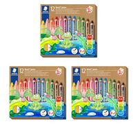 STAEDTLER Noris Junior 140 C12 Lápiz de color extra grueso 3 en 1: lápiz de color, cera y lápiz acuarelable. Estuche con 12 lápices de colores surtidos + afilalápices (Paquete de 3)