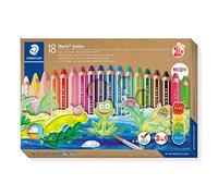 STAEDTLER Noris Junior 140 C18 Lápiz de color extra grueso 3 en 1: lápiz de color, cera y lápiz acuarelable. Estuche con 18 lápices de colores surtidos + afilalápices
