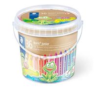 STAEDTLER Noris Junior 140 C18 Lápiz de color extra grueso 3 en 1: lápiz de color, cera y lápiz acuarelable. Cubilete con 36 lápices de colores surtidos (2 x color) + 3 afilalápices