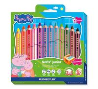 STAEDTLER Noris junior lápices de colores Peppa Pig set de 12 - lápices 3 en 1 cera y acuarelables para diferentes superficies - minas extra suaves para colores intensos - lápices ergonómicos