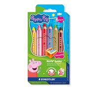 STAEDTLER Noris junior lápices de colores Peppa Pig set de 6 - lápices 3 en 1 cera y acuarelables para pintar en diferentes superficies - minas extra suaves para colores vivos