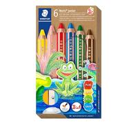 STAEDTLER Noris Junior, Lápiz de color extra grueso 3 en 1: lápiz de color, cera y lápiz acuarelable. Estuche con 6 lápices de colores surtidos + afilalápices (140 C6 ST)