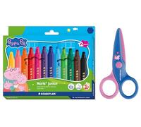 STAEDTLER Noris junior Peppa Wutz: set de 12 rotuladores y tijeras infantiles con puntas redondeadas para los primeros ejercicios de manualidades