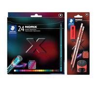 STAEDTLER NORIX 186 - Juego de lápices de colores y 181 lápices (24 lápices de colores surtidos, 2 lápices HB, goma de borrar y sacapuntas), color rojo