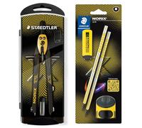 STAEDTLER NORIX - Juego de compás de ajuste rápido, tarjeta blíster con 2 lápices HB, goma de borrar y sacapuntas, color amarillo