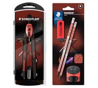 STAEDTLER NORIX Set de compás de ajuste rápido, tarjeta blíster con 2 lápices HB, goma de borrar y sacapuntas, color coral