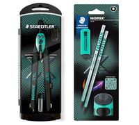 STAEDTLER NORIX Set de compás de ajuste rápido, tarjeta blíster con 2 lápices HB, goma de borrar y sacapuntas individual, color verde