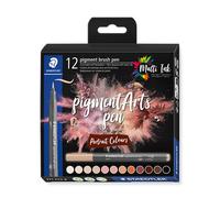 STAEDTLER Brush pen pigment Arts, tinta de dibujo premium, punta de pincel para ancho de línea variable, impermeable, secado rápido, 12 rotuladores en colores surtidos en estuche de cartón, 371 C12-4
