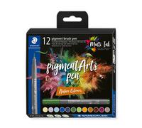STAEDTLER Brush Pen Pigment Arts, colores naturales, punta de pincel para ancho de línea variable, resistente al agua, 12 rotuladores en colores naturales surtidos en estuche de cartón, 371 C12-3
