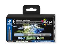 STAEDTLER Pigment Brush Pen 371 - Set de 6, de colores, estuche de cartón | Punta de pincel, tinta Multi Ink - rotuladores para adultos, estuche de cartón - N.º de art. 371 C6-8