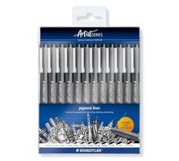 STAEDTLER Pigment Liner 308 Fineliner - negro, 12 uds, 0,05-2,0 mm | Tinta pigmentada impermeable en doce grosores, estuche transparente - escuela, bocetos e ilustración - Art.-Nr. 308-9 TB12