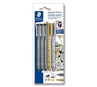 STAEDTLER Pigment Liner 308 SBK3P3 - Blister Set Creativo con 3 Rotuladores calibrados ancho línea 0,1 mm, 0,2 mm y punta biselada 0,3-2,0 mm + 2 rotuladores metálicos en colores oro y plata.